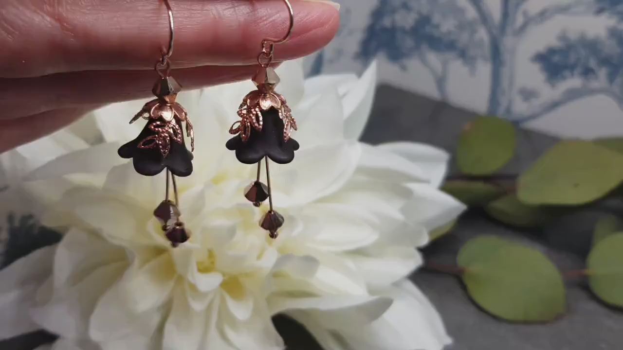 Black Flower Earrings, Hypoallergenic ear wires, Sterling Silver Ear Wires, Black PRIMERO Crystals®, Rose Gold Jewellery