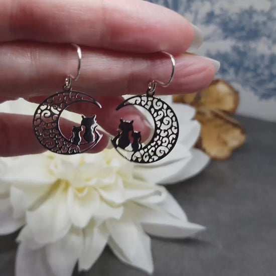 Crescent Moon with Cats Earrings, Hypoallergenic Earrings, Silver Plated Brass Earrings, Moon Jewelry, Cat Earrings, Cat in the Moon
