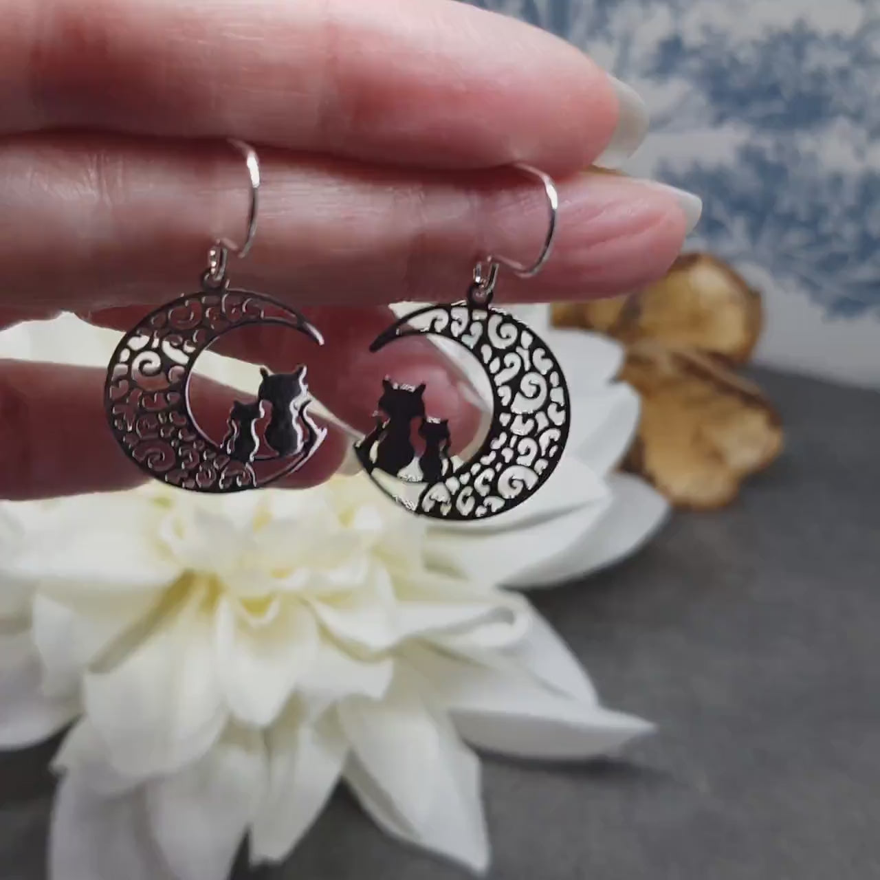 Crescent Moon with Cats Earrings, Hypoallergenic Earrings, Silver Plated Brass Earrings, Moon Jewelry, Cat Earrings, Cat in the Moon