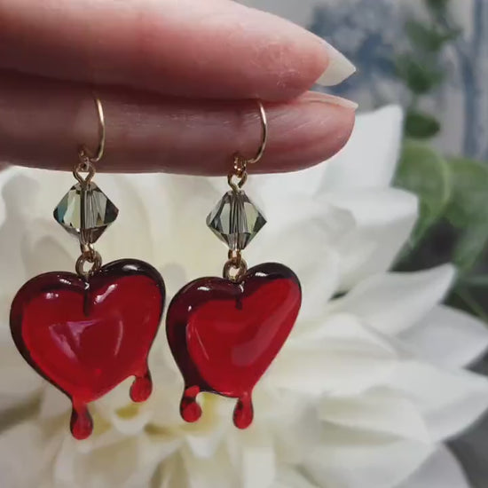 Red Heart Earrings, PRIMERO Crystals® Earrings, Hypoallergenic Ear Wires, Gothic Jewellery, Halloween Earrings, Dripping Heart