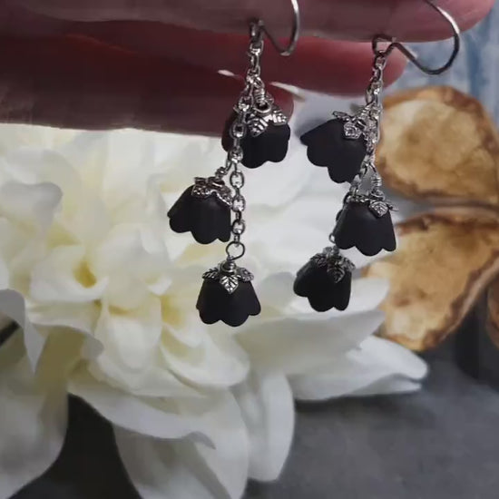 Flower Earrings, Hypoallergenic Ear Wires, Black Earrings, Boho Jewelry, Simple Vintage Earrings