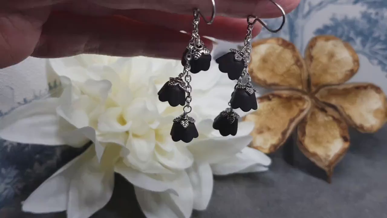 Flower Earrings, Hypoallergenic Ear Wires, Black Earrings, Boho Jewelry, Simple Vintage Earrings