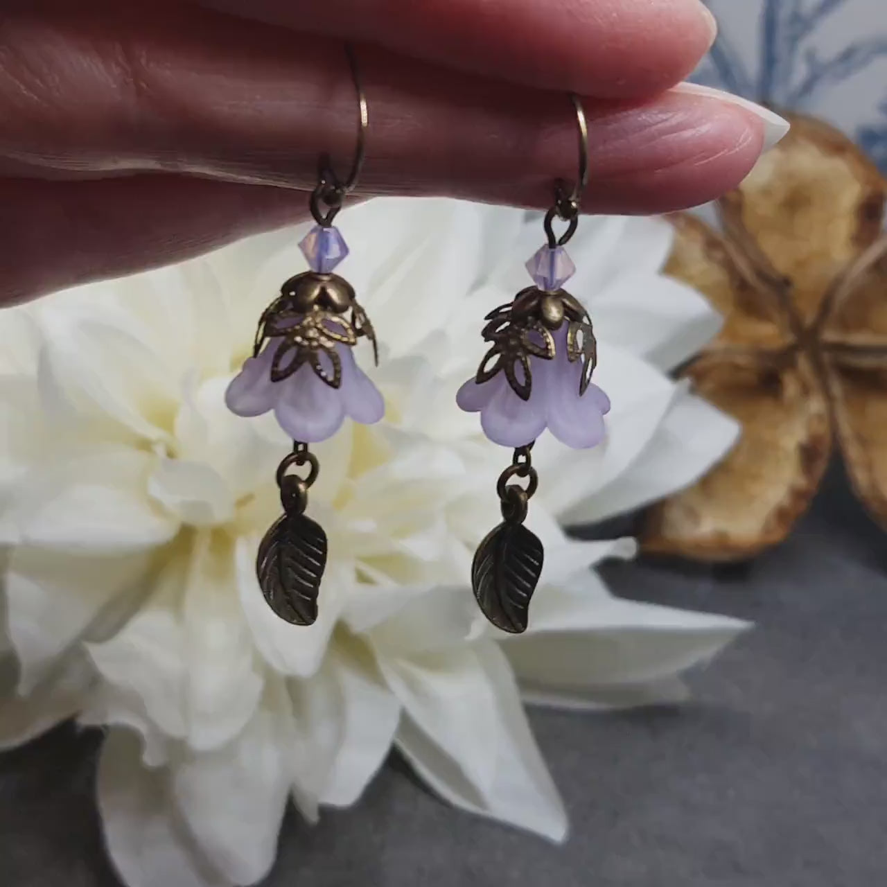 Purple Flower Earrings, Choice of Ear Wires, Mauve, Leaf Earrings, Seasonal Earrings, Vintage Style Jewellery, PRIMERO Crystals®