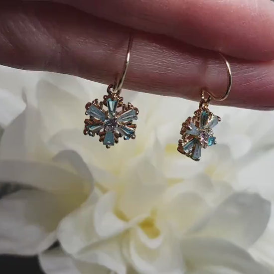 Turquoise Cubic zirconia Snowflakes Earrings, real 18k gold plated Earrings, Christmas Earrings, Brass Earrings, Festive Earrings