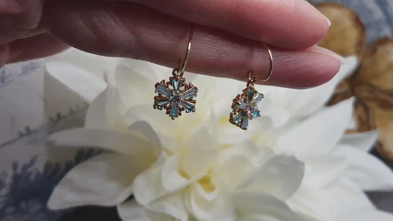 Turquoise Cubic zirconia Snowflakes Earrings, real 18k gold plated Earrings, Christmas Earrings, Brass Earrings, Festive Earrings