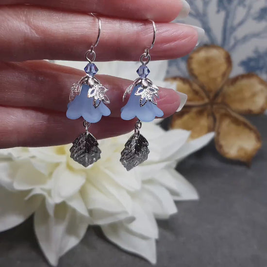 Spring Flower Earrings, Choice of Ear Wires, Blue Bellflower, Silver Leaf Earrings, Seasonal Earrings,  Flower Jewellery, PRIMERO Crystals®