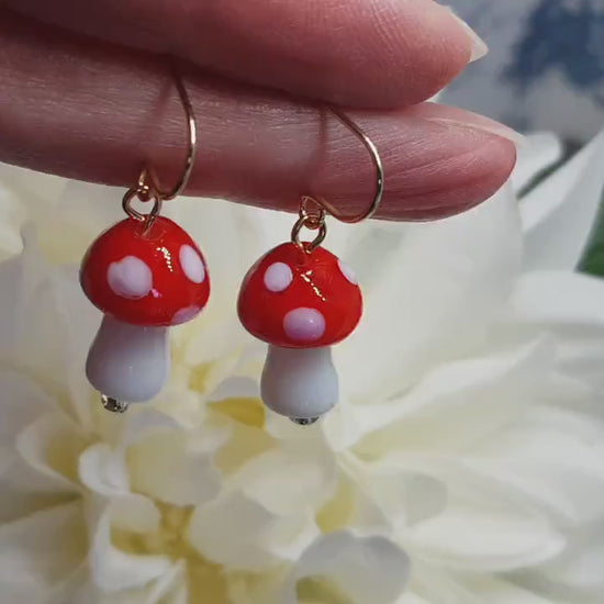 Glass Mushroom Earrings, Hypoallergenic Ear Wires, Toad Stool Earrings, Glass jewellery