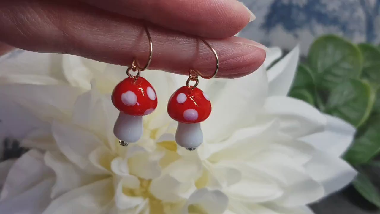 Glass Mushroom Earrings, Hypoallergenic Ear Wires, Toad Stool Earrings, Glass jewellery