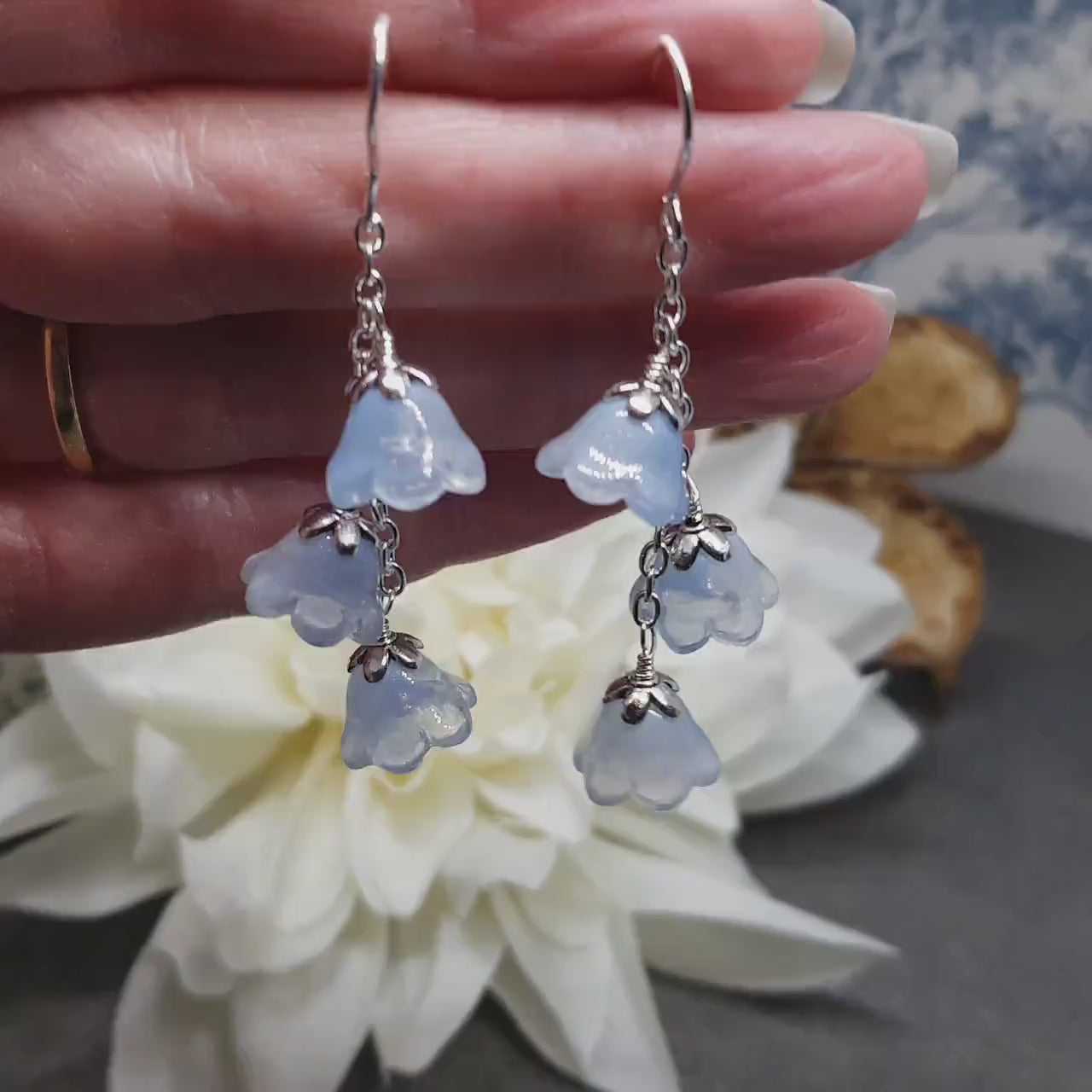 Flower Earrings, Hypoallergenic Ear Wires, Light Blue Earrings, Boho Jewelry, Glass Jewelry, Simple Vintage Earrings