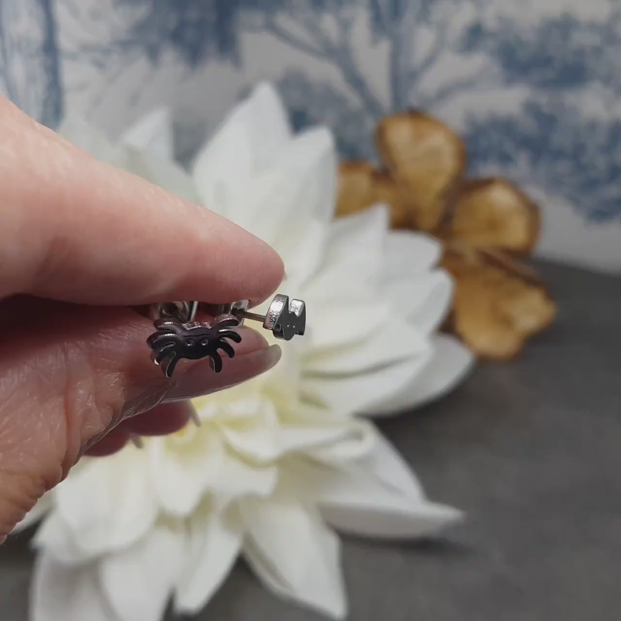 Spider and Bat Earrings, Stainless Steel Ear Studs, Hypoallergenic Earrings, Silver Earrings, Halloween Earrings, Spooky Earrings