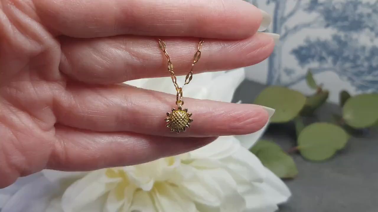 Gold Sunflower Necklace, Flower Jewelry, Brass Sunflower, 18K Gold Plated