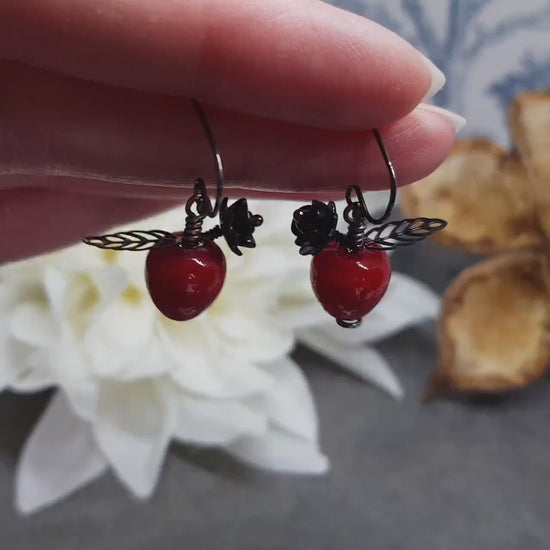 Glass Apple Earrings, Hypoallergenic Ear Wires, Fruit Earrings, Glass Jewelry, Halloween Earrings, Red Apple Earrings, Black Flower Earrings