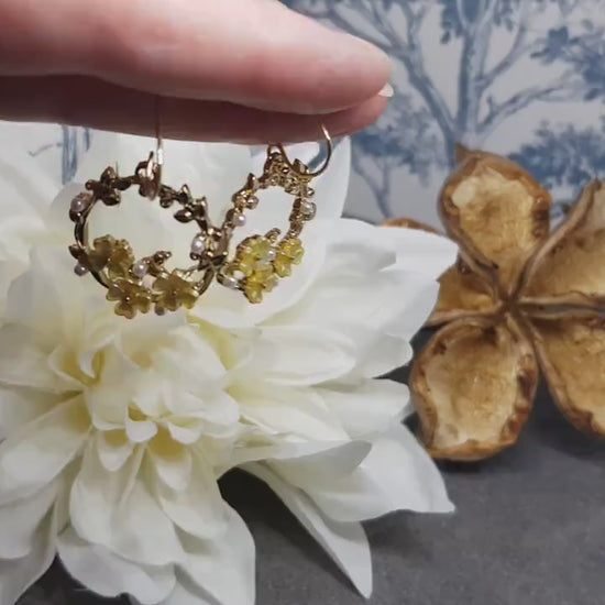 Flower Earrings, Hypoallergenic Ear Wires, Olive Branch Wreath Earrings, Gold Tone Earrings, Pearl Earrings