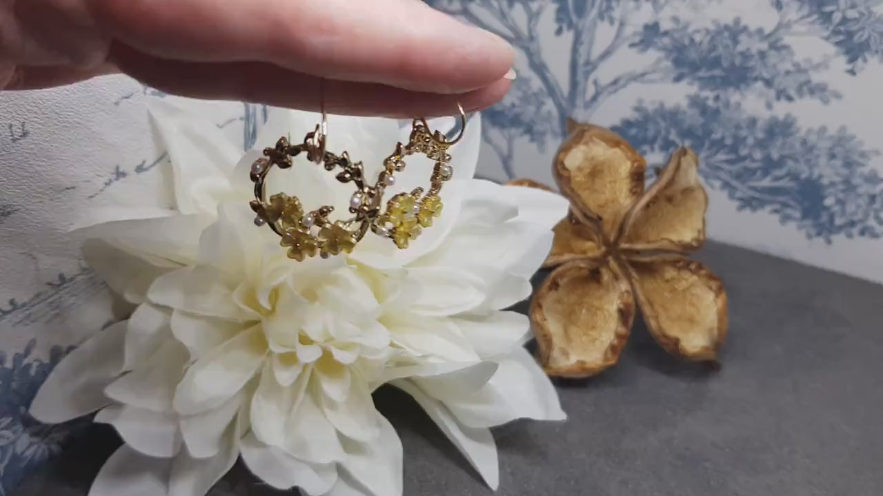 Flower Earrings, Hypoallergenic Ear Wires, Olive Branch Wreath Earrings, Gold Tone Earrings, Pearl Earrings