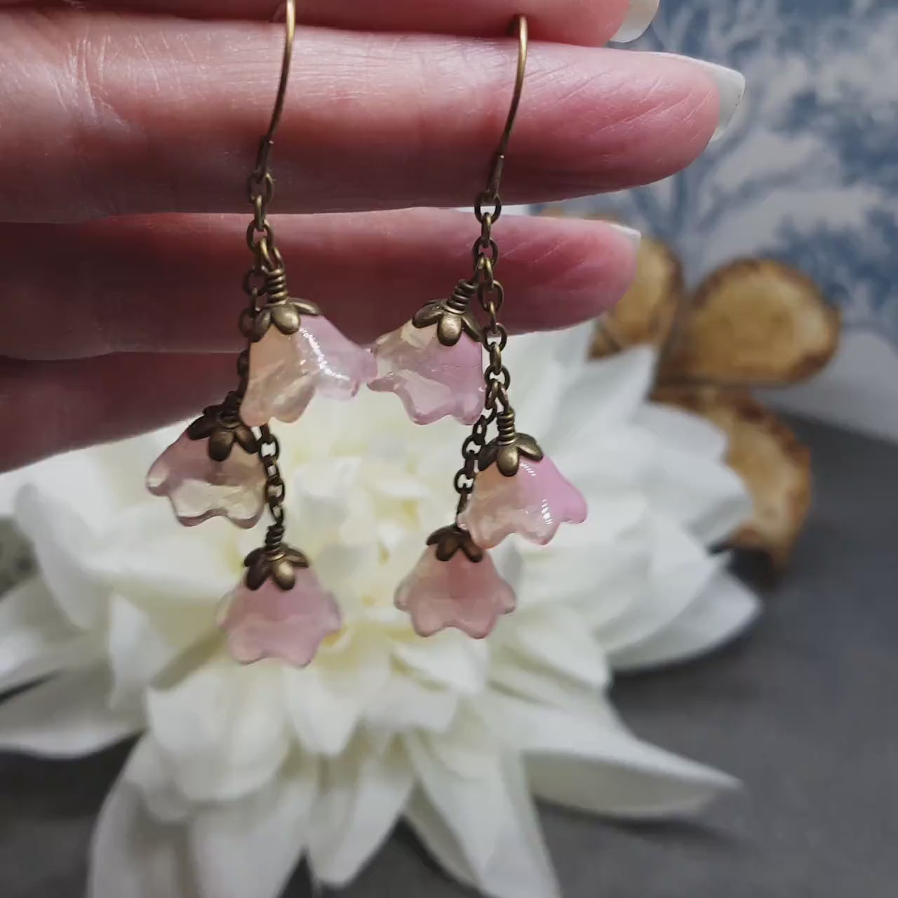 Flower Earrings, Hypoallergenic Ear Wires, Glass Jewelry, Pale Pink/Peach Earrings, Boho Jewelry, Simple Vintage Earrings