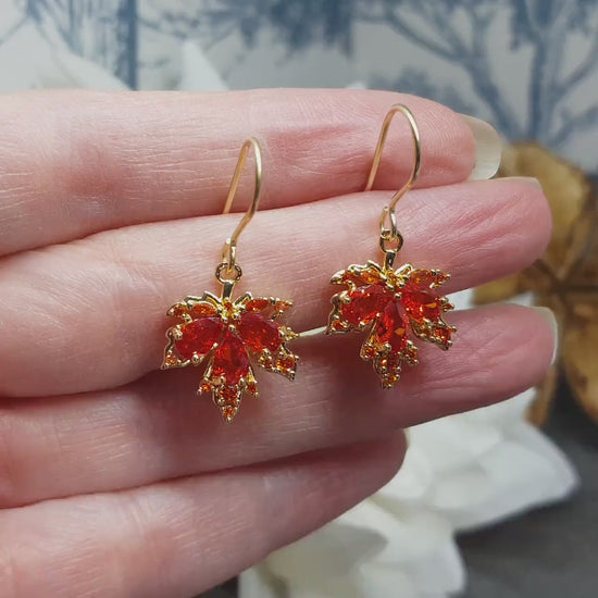 Maple Leaf Earrings with a Choice of Ear Wires: Burnt Orange Brass Micro Pave Cubic Zirconia, Real 18K Gold Plated