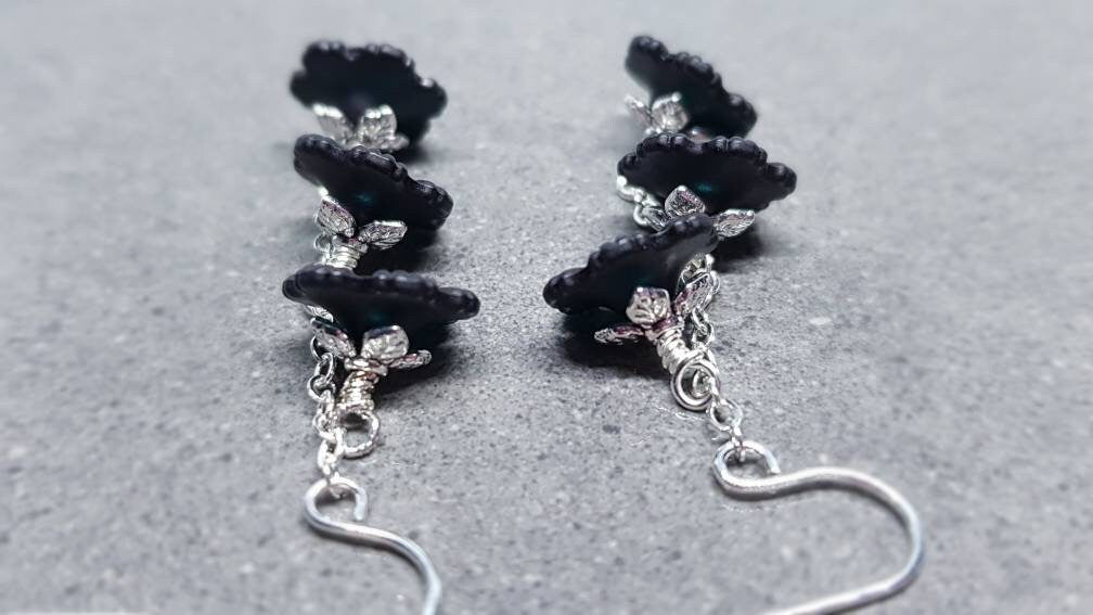 Flower Earrings, Hypoallergenic Ear Wires, Black Earrings, Boho Jewelry, Simple Vintage Earrings