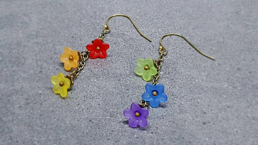 Rainbow Flower Earrings, Hypoallergenic Ear Wires, Rainbow Jewelry, Boho Vintage Style, Flower Earrings