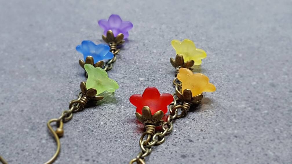 Rainbow Flower Earrings, Hypoallergenic Ear Wires, Rainbow Jewelry, Boho Vintage Style, Flower Earrings