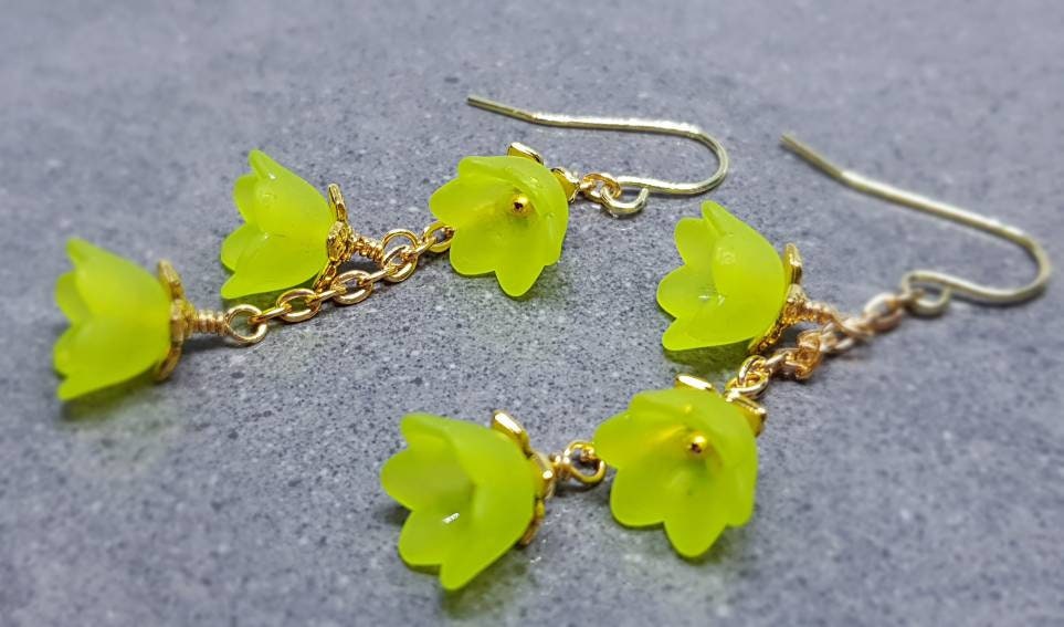 Flower Earrings, Hypoallergenic Ear Wires, Lime Green Earrings, Boho Jewelry, Simple Vintage Earrings