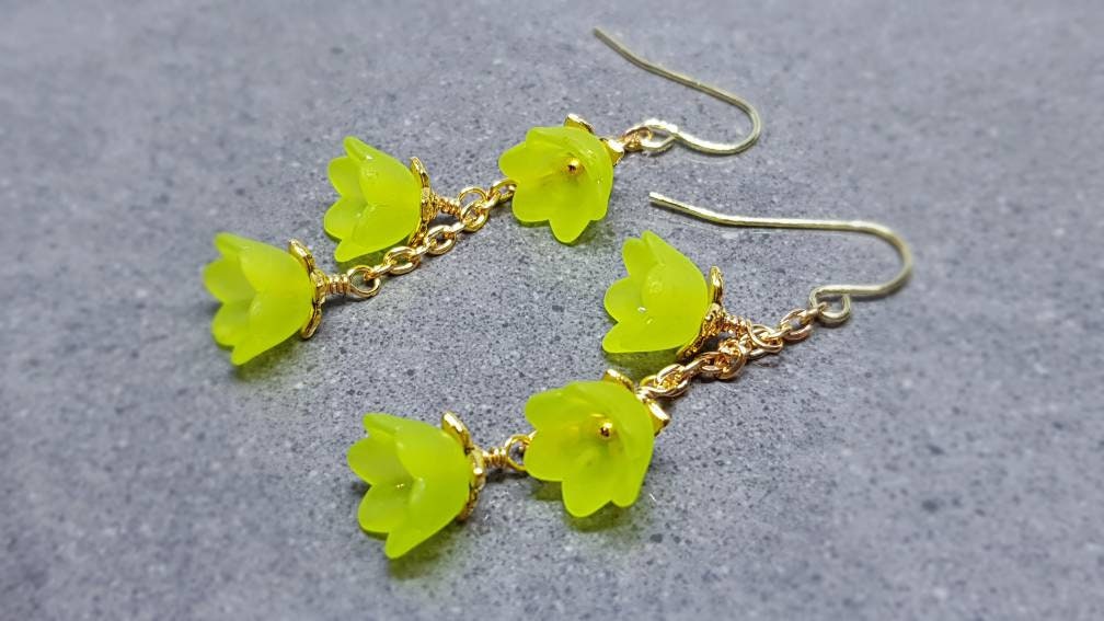 Flower Earrings, Hypoallergenic Ear Wires, Lime Green Earrings, Boho Jewelry, Simple Vintage Earrings