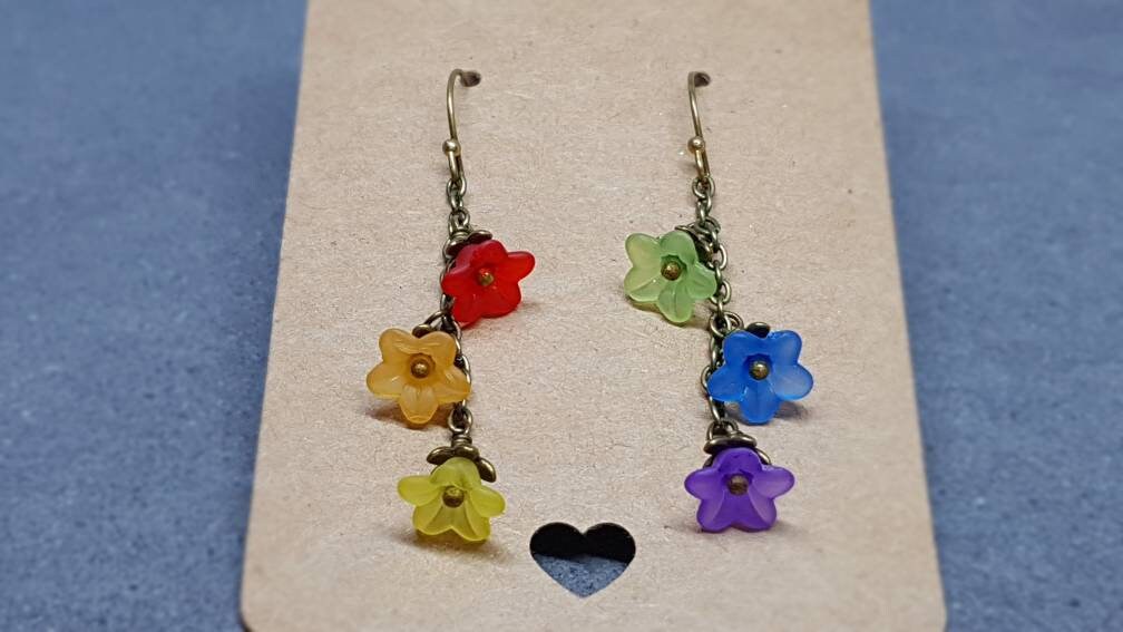 Rainbow Flower Earrings, Hypoallergenic Ear Wires, Rainbow Jewelry, Boho Vintage Style, Flower Earrings