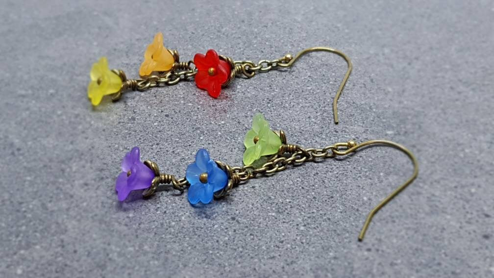 Rainbow Flower Earrings, Hypoallergenic Ear Wires, Rainbow Jewelry, Boho Vintage Style, Flower Earrings