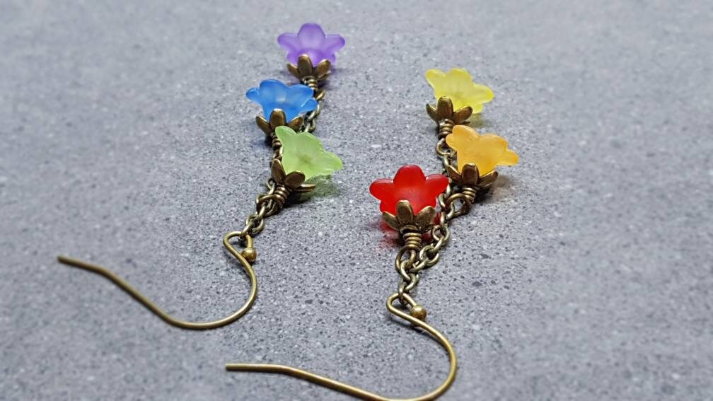 Rainbow Flower Earrings, Hypoallergenic Ear Wires, Rainbow Jewelry, Boho Vintage Style, Flower Earrings