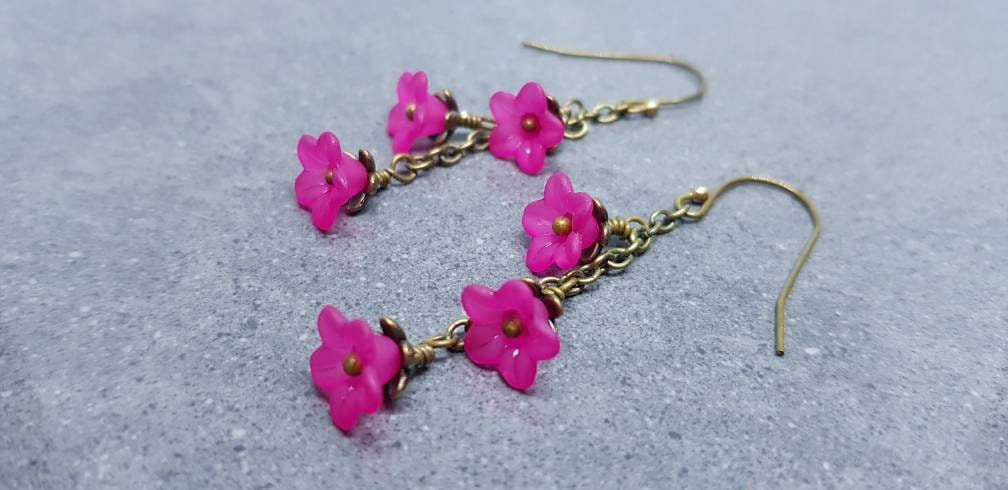 Flower Earrings, Hypoallergenic Ear Wires, Hot Pink Earrings, Boho Jewelry, Simple Vintage Earrings