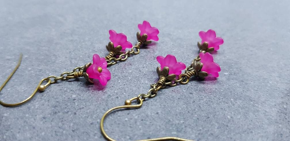 Flower Earrings, Hypoallergenic Ear Wires, Hot Pink Earrings, Boho Jewelry, Simple Vintage Earrings