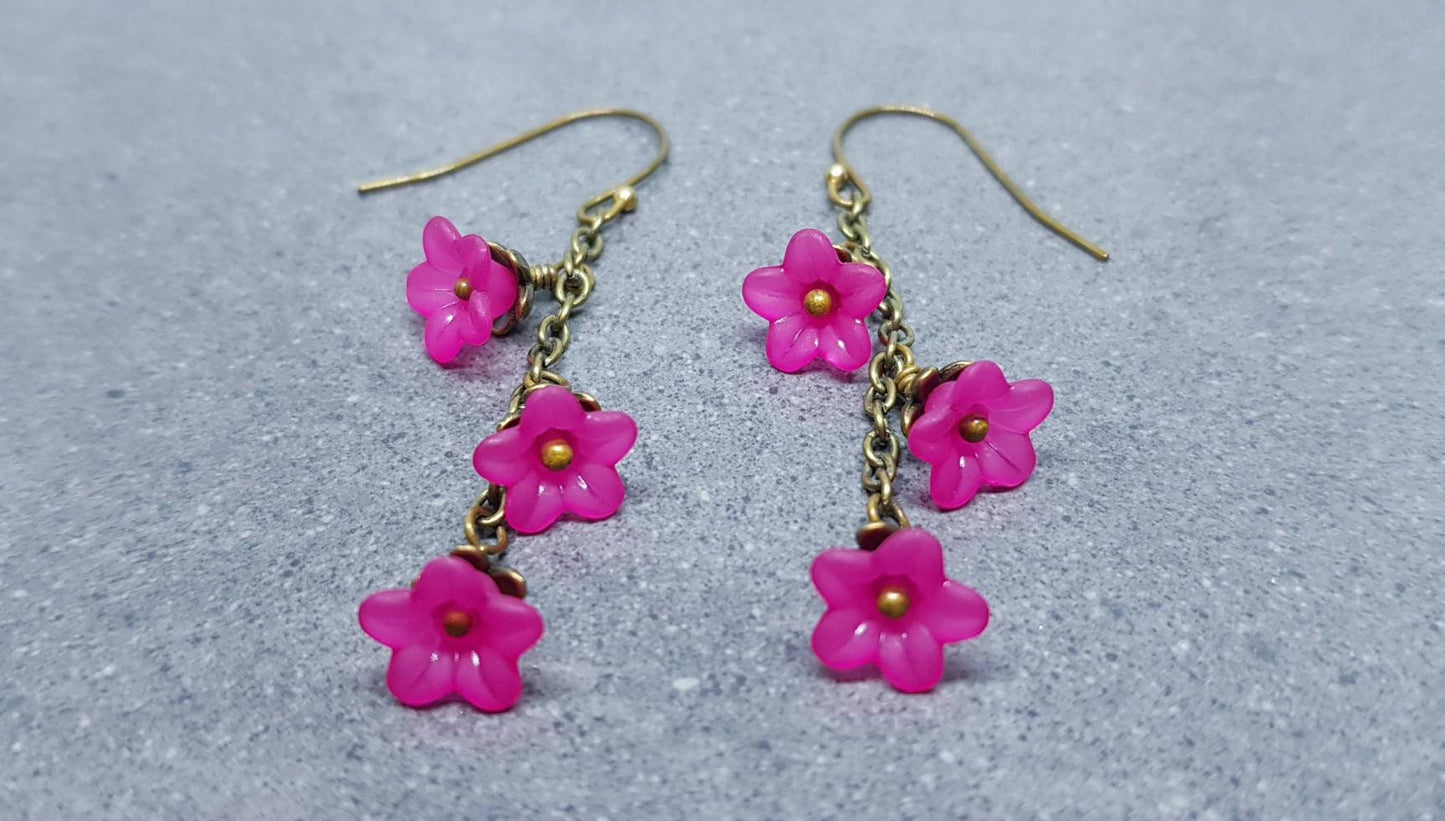 Flower Earrings, Hypoallergenic Ear Wires, Hot Pink Earrings, Boho Jewelry, Simple Vintage Earrings