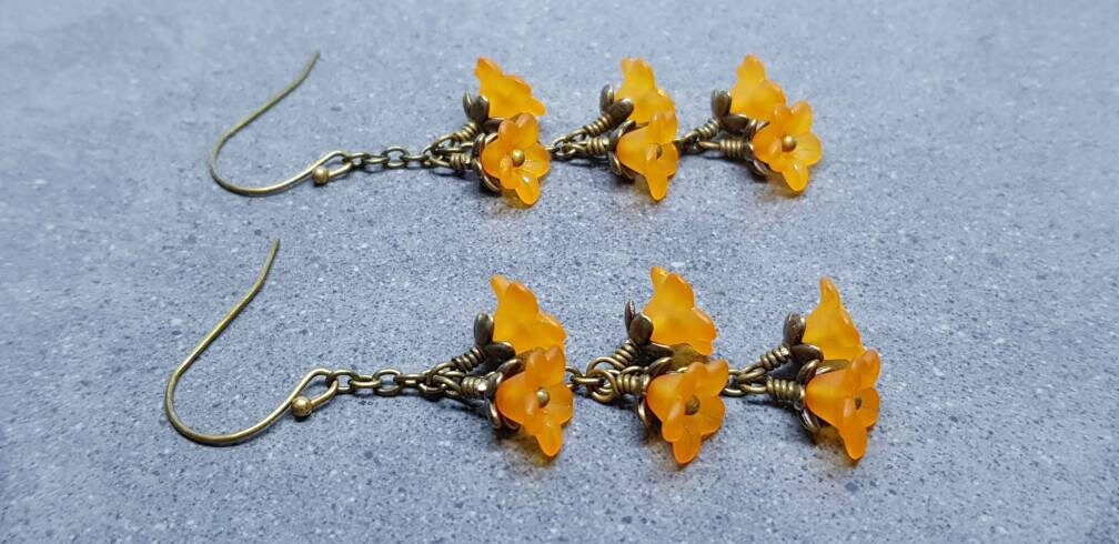 Flower Earrings, Hypoallergenic Ear Wires, Orange Earrings, Boho Jewelry, Simple Vintage Earrings