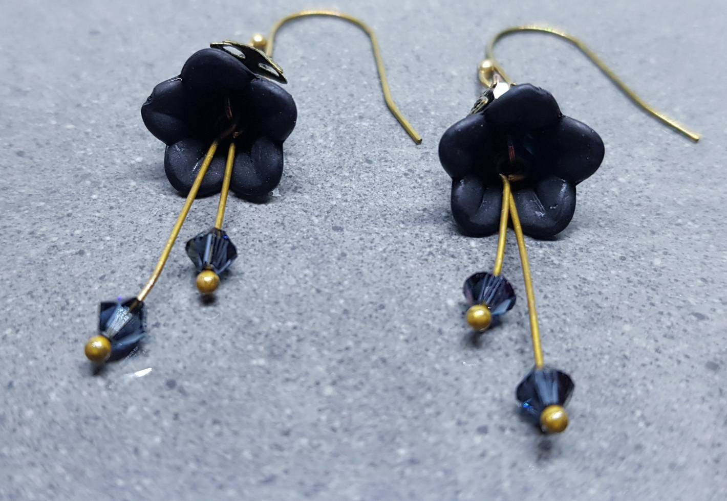 Black Flower Earrings, Hypoallergenic ear wires, Sterling Silver Ear Wires, Black PRIMERO Crystals®