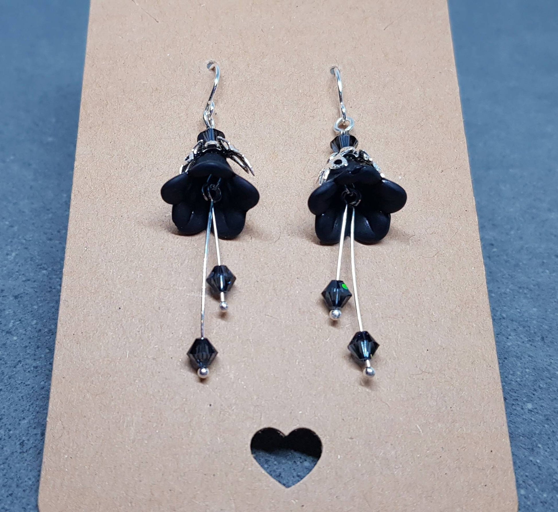 Black Flower Earrings, Hypoallergenic ear wires, Sterling Silver Ear Wires, Black PRIMERO Crystals®