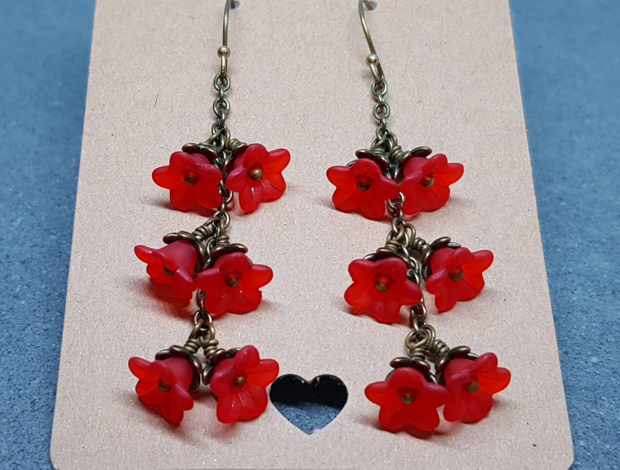 Flower Earrings, Hypoallergenic Ear Wires, Red Earrings, Boho Jewelry, Simple Vintage Earrings