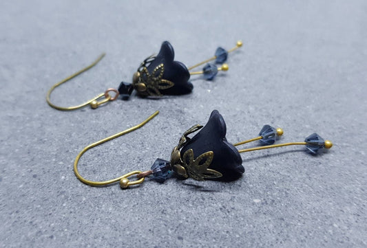 Black Flower Earrings, Hypoallergenic ear wires, Sterling Silver Ear Wires, Black PRIMERO Crystals®