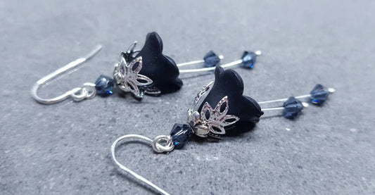 Black Flower Earrings, Hypoallergenic ear wires, Sterling Silver Ear Wires, Black PRIMERO Crystals®