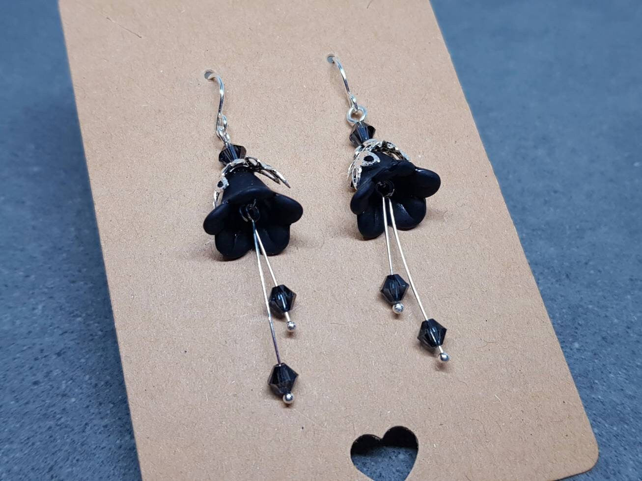 Black Flower Earrings, Hypoallergenic ear wires, Sterling Silver Ear Wires, Black PRIMERO Crystals®