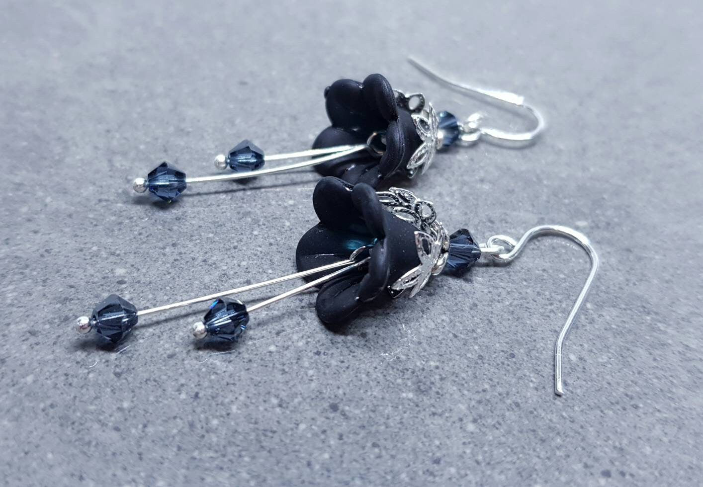 Black Flower Earrings, Hypoallergenic ear wires, Sterling Silver Ear Wires, Black PRIMERO Crystals®