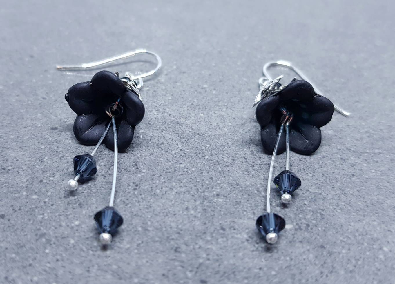 Black Flower Earrings, Hypoallergenic ear wires, Sterling Silver Ear Wires, Black PRIMERO Crystals®