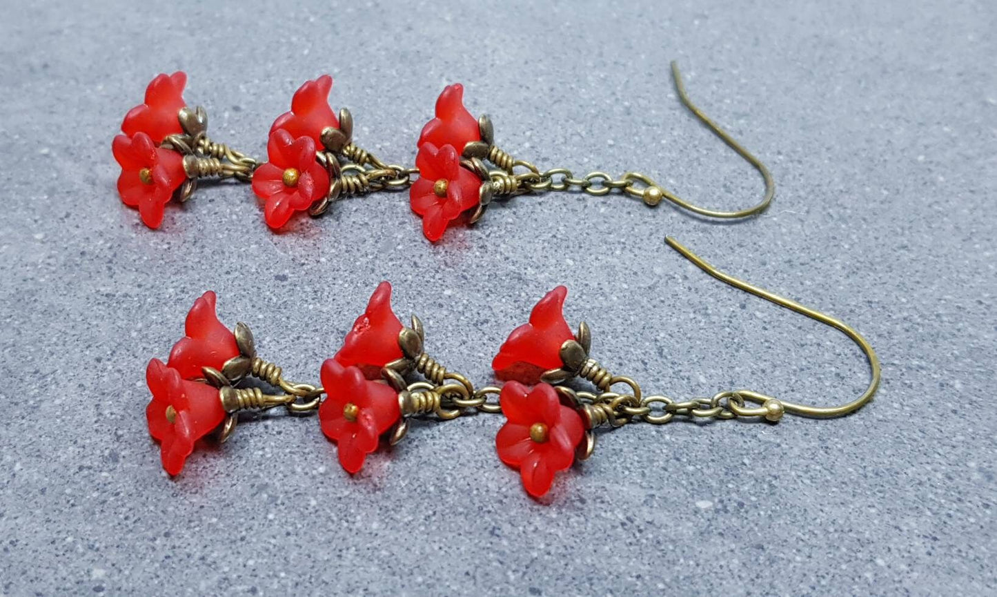 Flower Earrings, Hypoallergenic Ear Wires, Red Earrings, Boho Jewelry, Simple Vintage Earrings