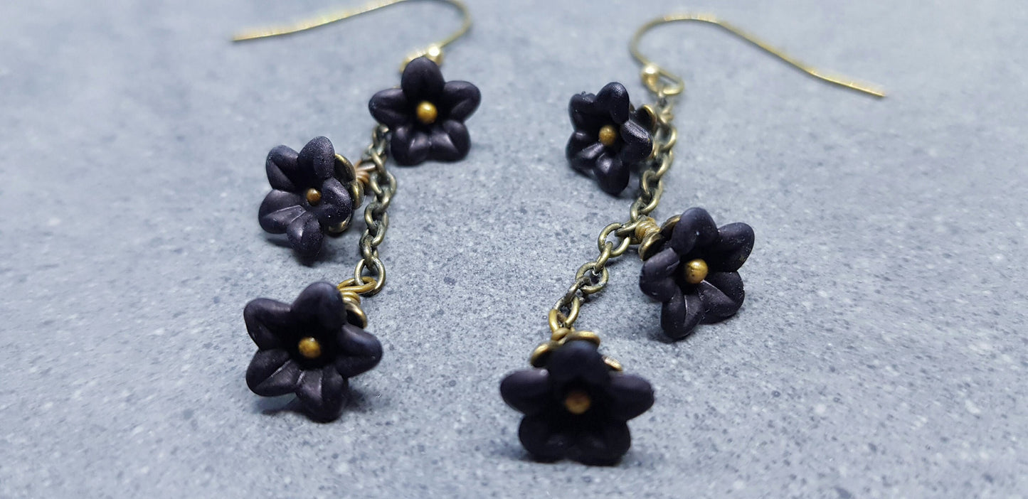 Flower Earrings, Hypoallergenic Ear Wires, Black Earrings, Boho Jewelry, Simple Vintage Earrings