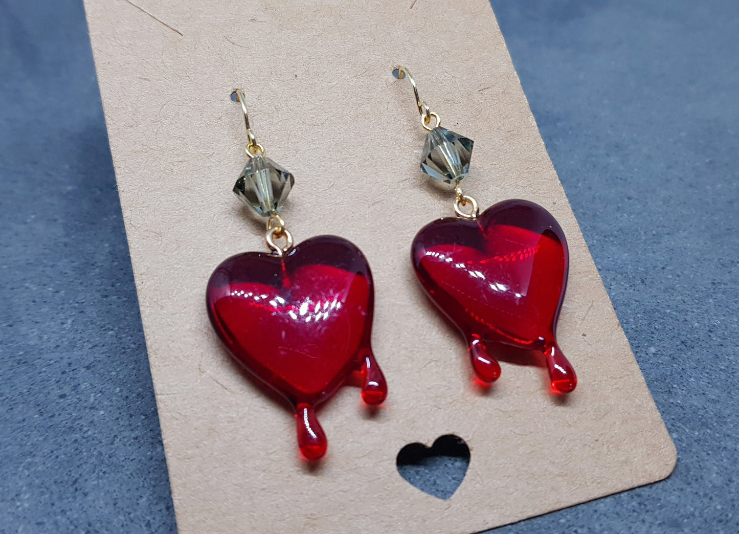 Red Heart Earrings, PRIMERO Crystals® Earrings, Hypoallergenic Ear Wires, Gothic Jewellery, Halloween Earrings, Dripping Heart