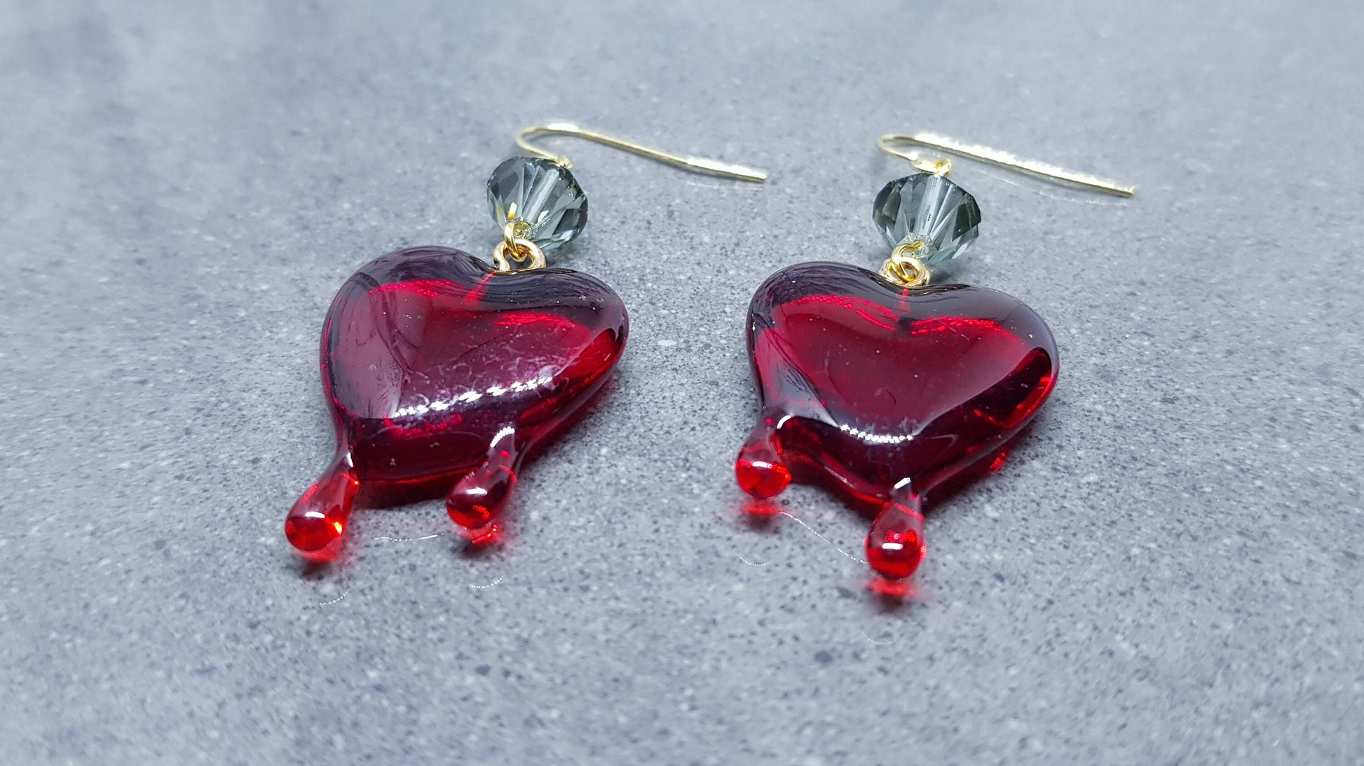 Red Heart Earrings, PRIMERO Crystals® Earrings, Hypoallergenic Ear Wires, Gothic Jewellery, Halloween Earrings, Dripping Heart