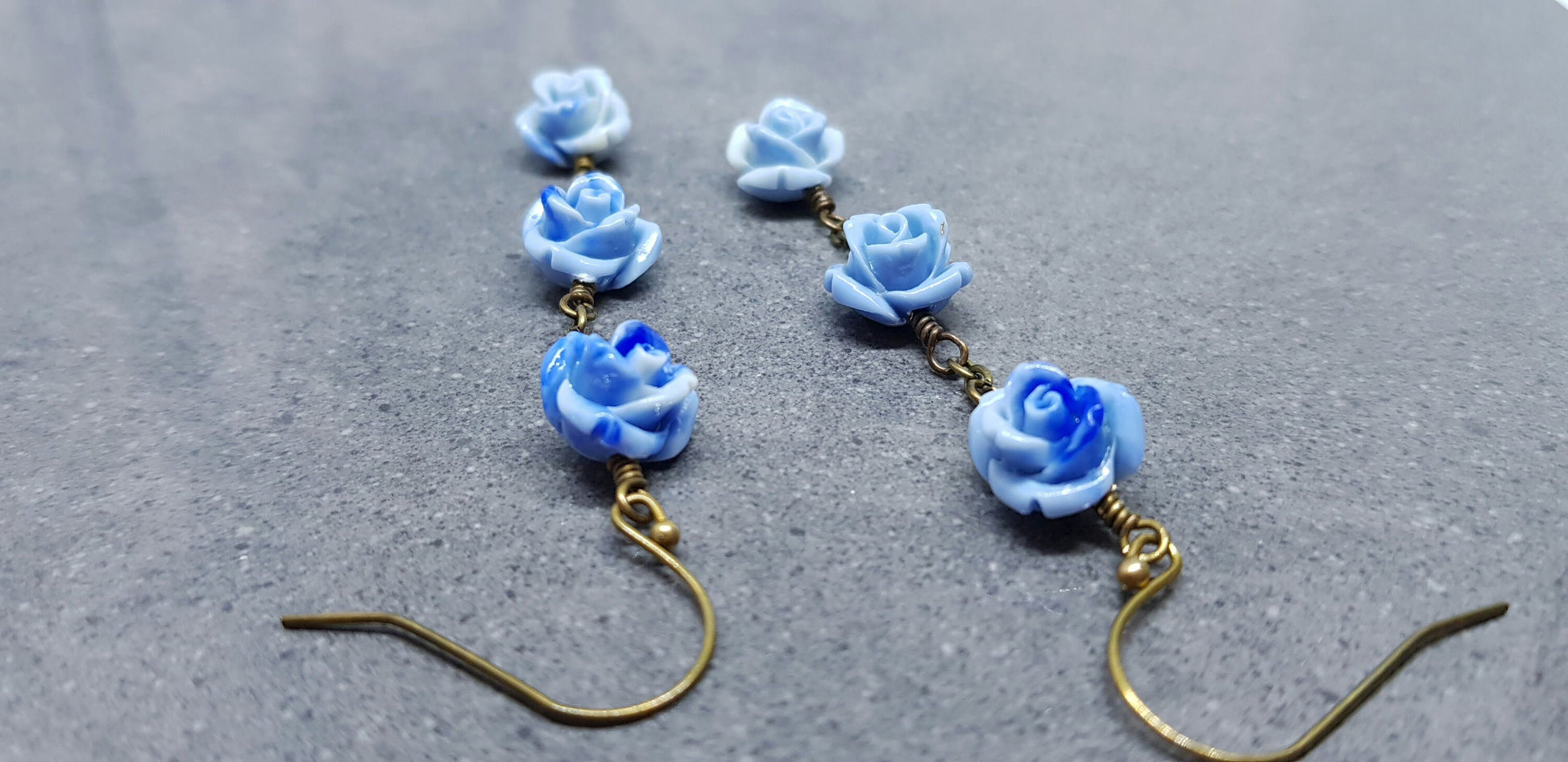 Rose Dangle Earrings, Hypoallergenic Ear Wires, Royal Blue Earrings, Rose Earrings, Vintage Style Earrings