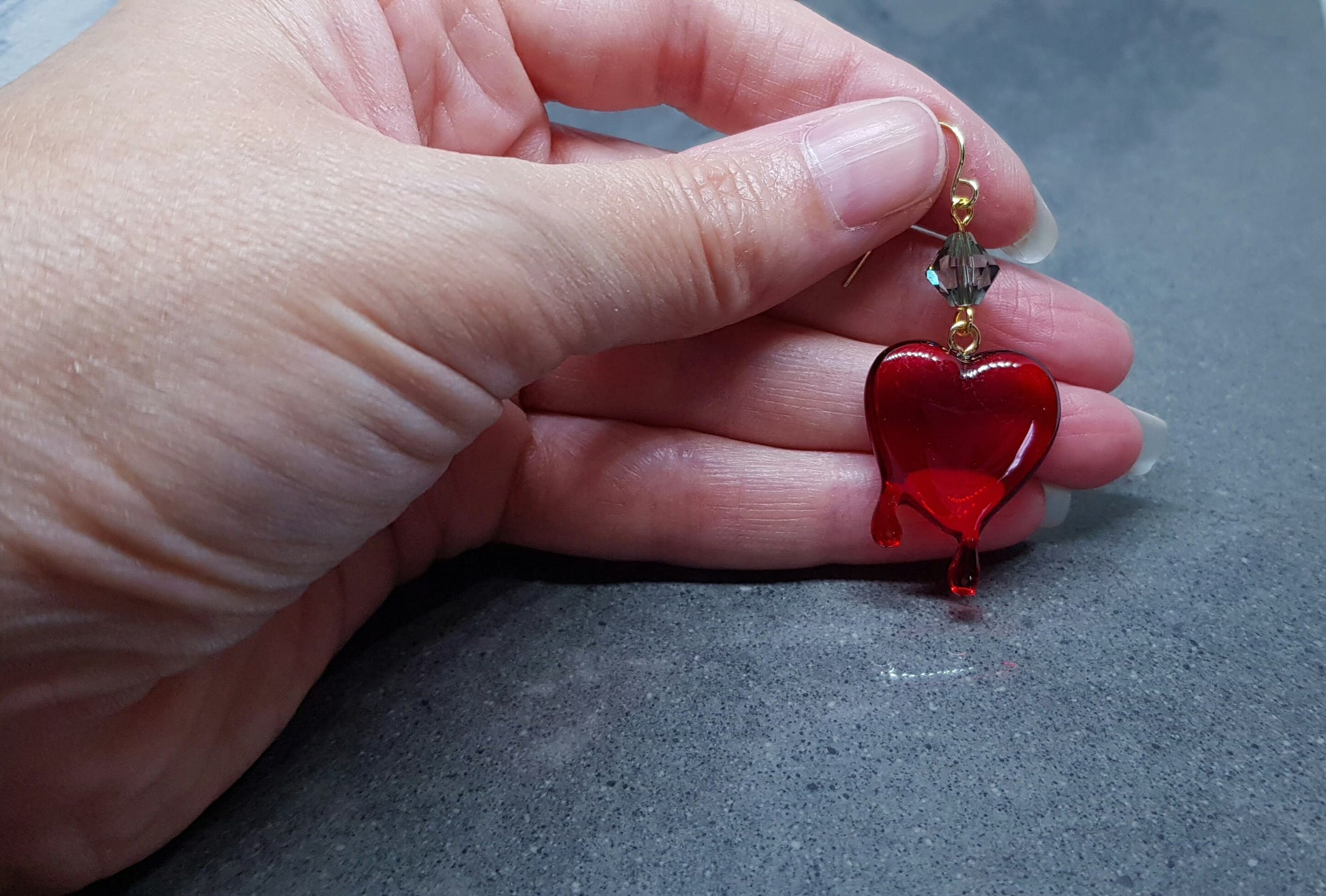 Red Heart Earrings, PRIMERO Crystals® Earrings, Hypoallergenic Ear Wires, Gothic Jewellery, Halloween Earrings, Dripping Heart