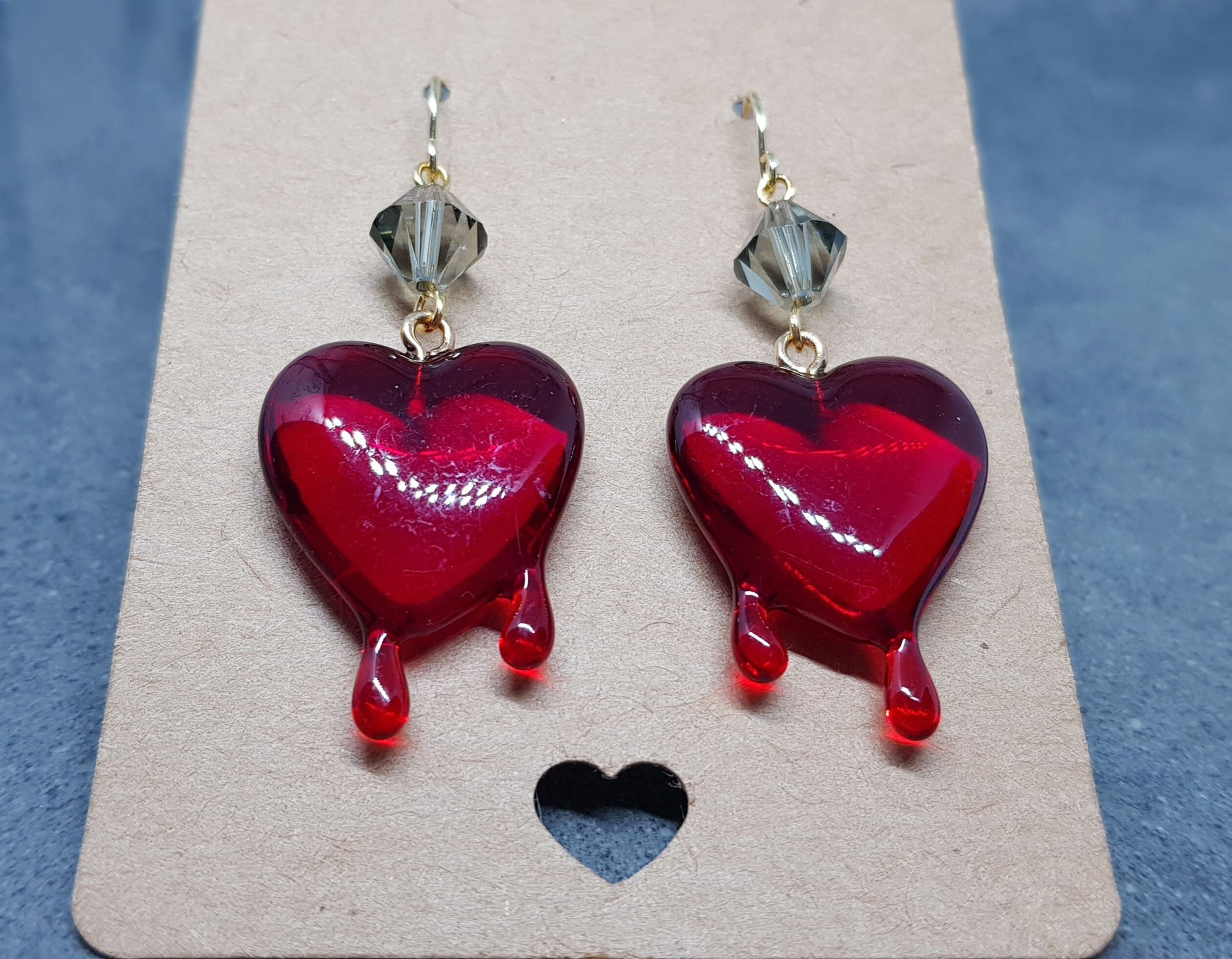 Red Heart Earrings, PRIMERO Crystals® Earrings, Hypoallergenic Ear Wires, Gothic Jewellery, Halloween Earrings, Dripping Heart