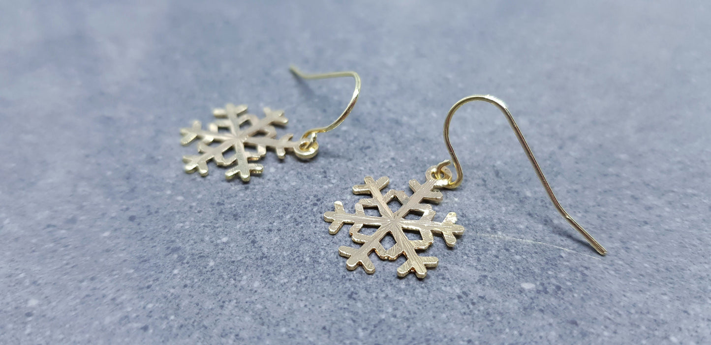 Snowflake Earrings, Hypoallergenic Ear Wires, Gold Snowflake Earrings, Christmas Earrings, Brass Earrings, Festive Earrings