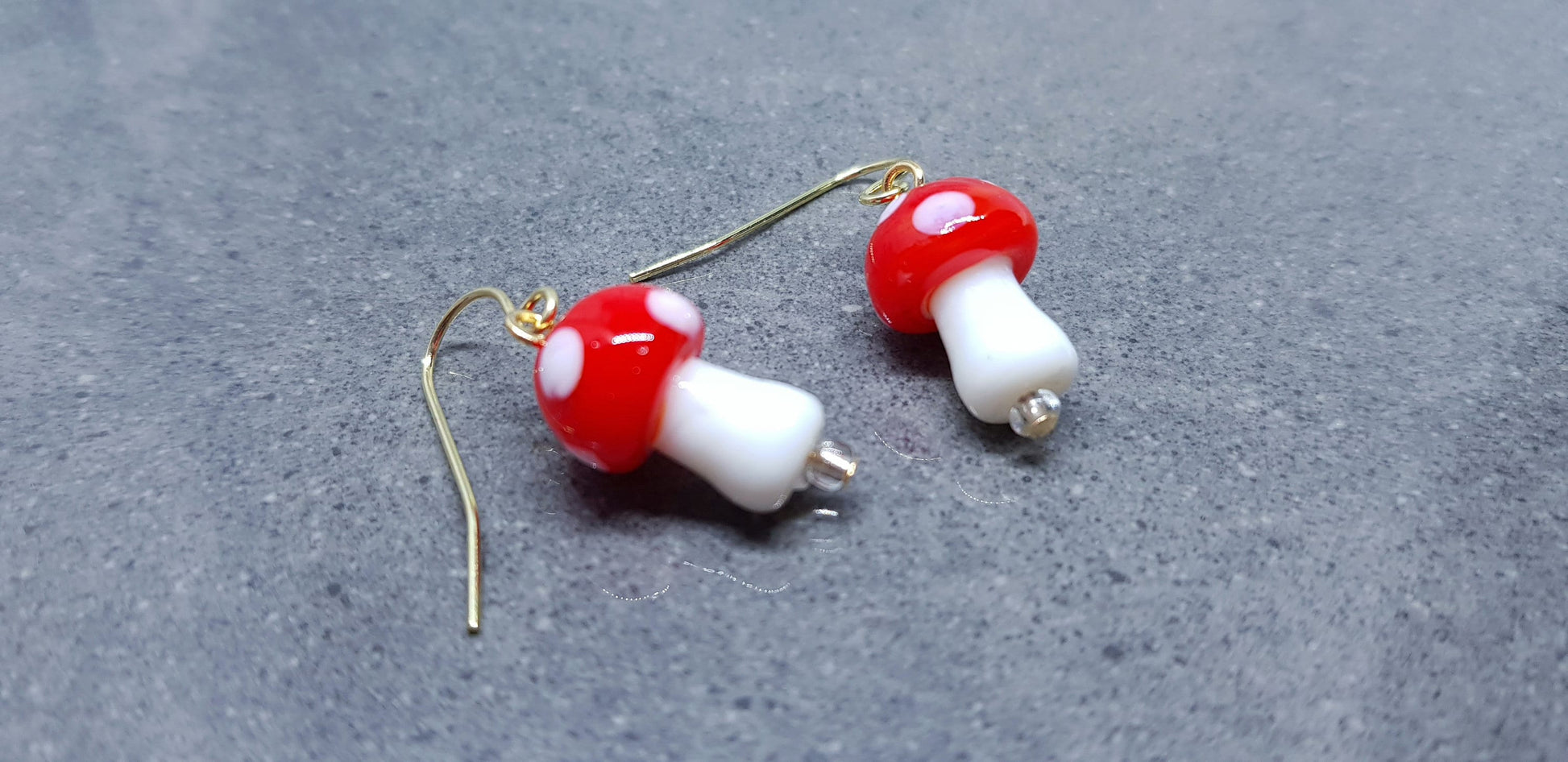 Glass Mushroom Earrings, Hypoallergenic Ear Wires, Toad Stool Earrings, Glass jewellery