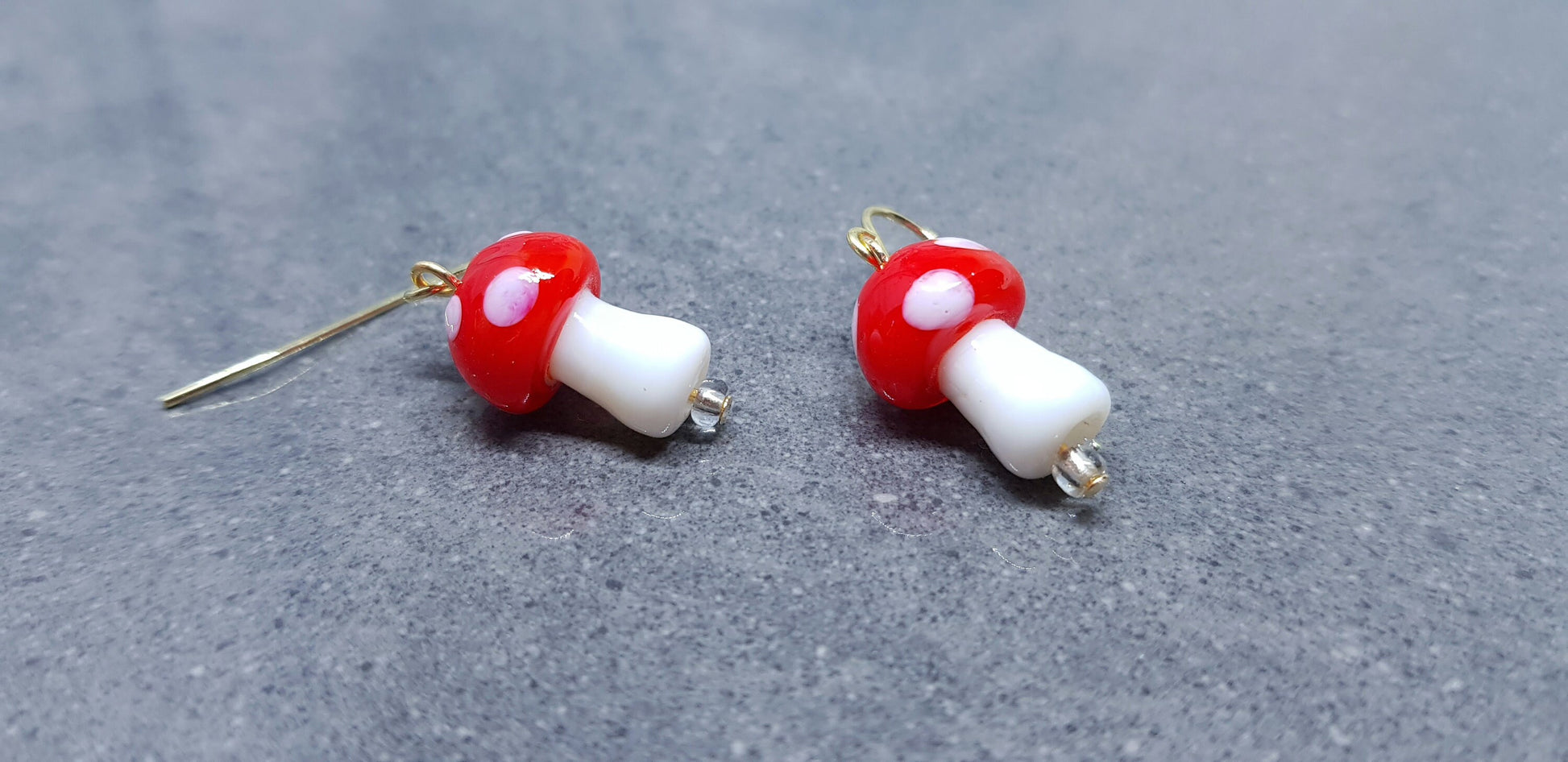 Glass Mushroom Earrings, Hypoallergenic Ear Wires, Toad Stool Earrings, Glass jewellery